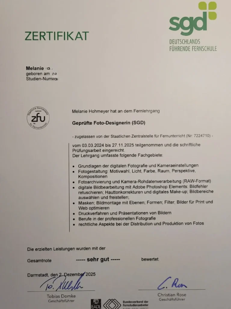 Zertifikat Fotodesign Zeugnis